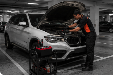 Mechanic replacing a car battery onsite