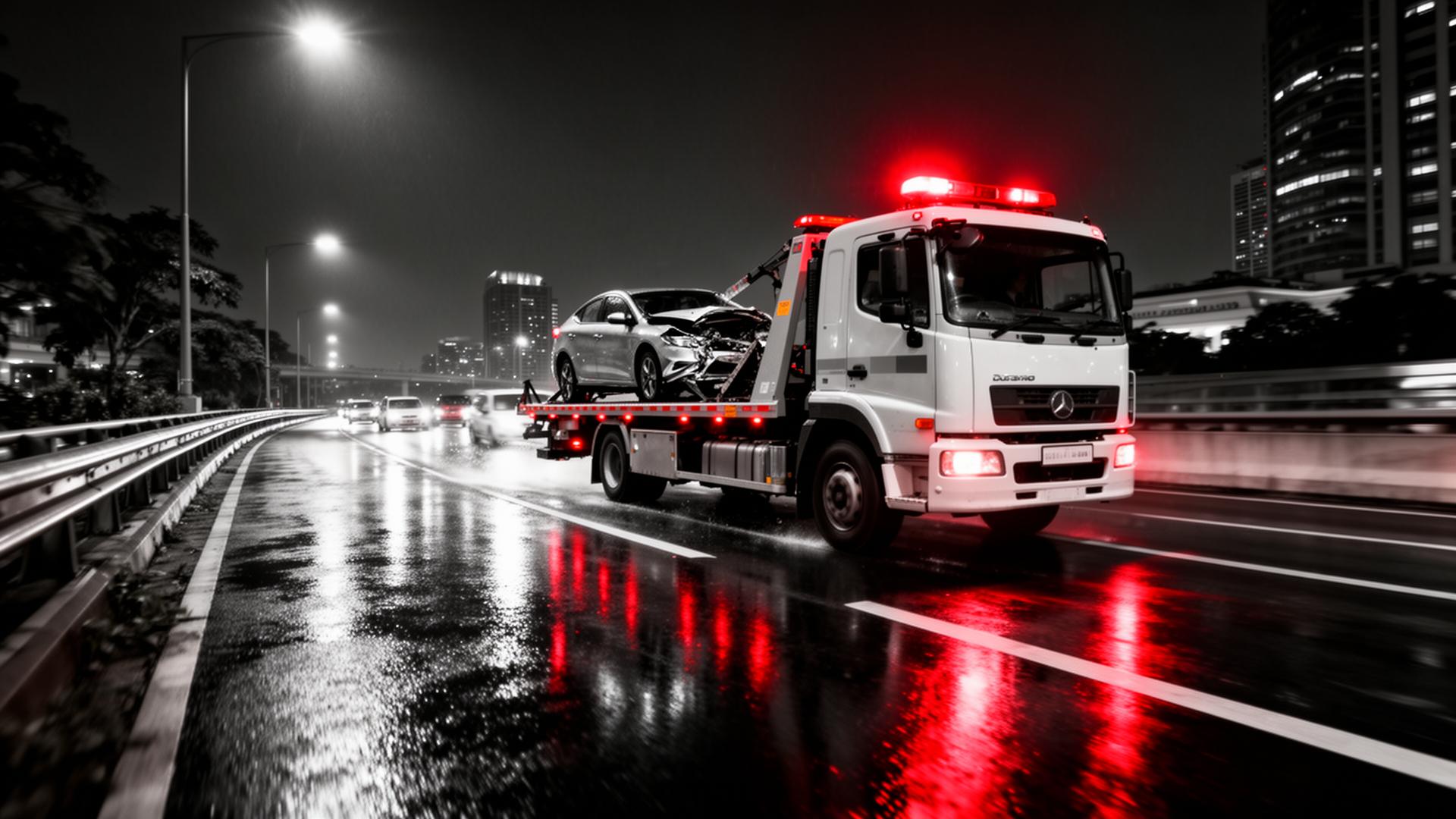 ZOZ flatbed tow truck rescuing a car on a Singapore expressway at night