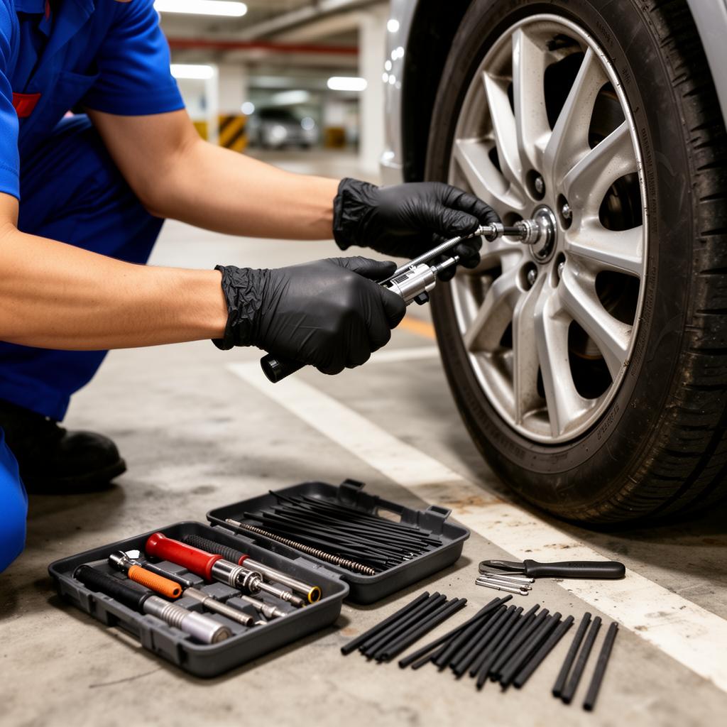 ZOZ mechanic in red uniform performing on-site tyre rescue beside a silver car